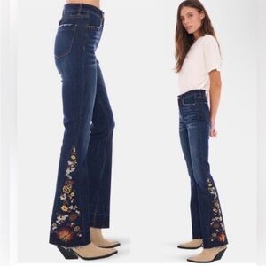 Ashley Mason Dark Blue Embroidered Flare Jeans with Multicolor Floral Trim 7/28